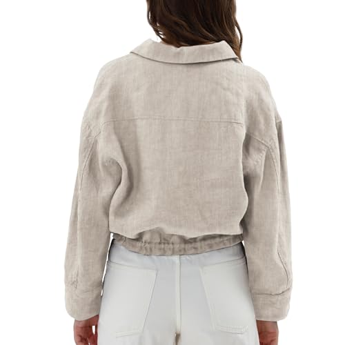 Amazhiyu Womens 100% Linen Crop Cargo Jacket Button Down Long Sleeve Coat Casual2