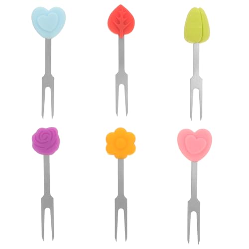 LOGOFUN 6pcs Fruit Picks Stainless Steel Bento Picks Cartoon Fruit Forks with Silicone Handles for Home Kitchen Supplies - Colorful