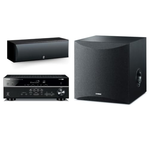 Image of YAMAHA RX-V385 5.1-Channel 4K Ultra HD AV Receiver with NS-SW050BL 8" 100W Powered Subwoofer, Black and NS-C210BL Center Channel Speaker, Black