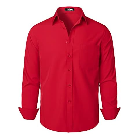 ZEROYAA Men's Regular Fit Dress Shirt Solid Wrinkle-Free Long Sleeve Casual Business Button Up Shirts with Pocket ZSSCL05-Flame Red Medium Cover
