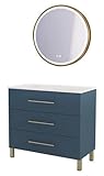 ONDÉE   Meuble de Salle de Bain Monaco   3 Tiroirs Fermeture Progressive   Plan Vasque Céramique   Miroir LED Rond Alexine Doré   90 cm   Bleu Minéral   Livré Monté