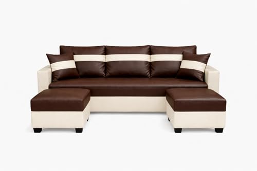 Image of SOCOZI Bastian 5 Seater L Shape Sofa Set with 2 Movable Ottomans | Flexible Layout | Premium Leatherette with Golden Metal Legs |Sofa for Living Room (Cream-Dark Brown) | Breathable Material