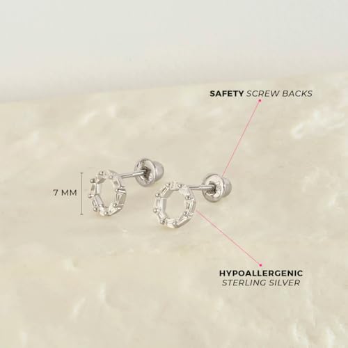 925 Sterling Silver Round Open Work Safety Screw Back Earrings With Baguette Cubic Zirconia Stones - Gleaming Round Earrings For Younger Girls4