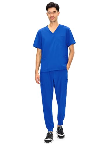 COZYFIT Scrubs for Men - 4 Pockets V-Neck Scrub Top and 7 Pockets Jogger Pants Mens Scrubs Set, Royal Blue, M