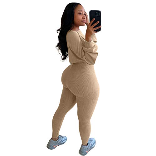 Women 2 Piece Outfits Sweatsuit Set Ribbed Long Sleeve Crop Top Bodycon Pants Tracksuit Jogger Set Khaki S #TOP2