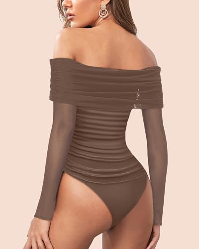 SAUNGKUAI Women's Off The Shoulder Long Sleeve Bodysuit Sexy Slimming Body Suit Tops Sheer Mesh Ruched Fall Outfits 20253
