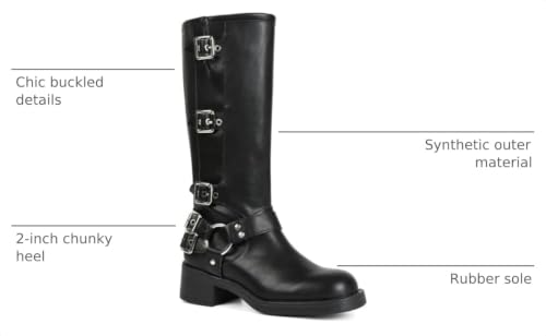Image of AMINUGAL Knee High Boots Women Square Toe Pull On Wide Calf Riding Fashion Buckles Chunky Metallic Casual Vintage Buckle Rivet