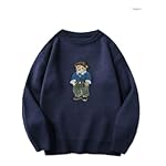 Teddy Bear Embroidered Sweater, Fleece Lined Crewneck Pullover, Warm Winter Knit, Navy Blue, Green, Black