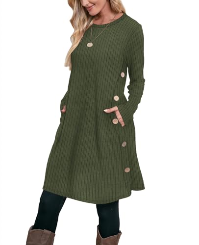 Image of OFEEFAN Long Sleeve Dress for Women Crew Neck Fall and Winter Tunic Dress with Pockets
