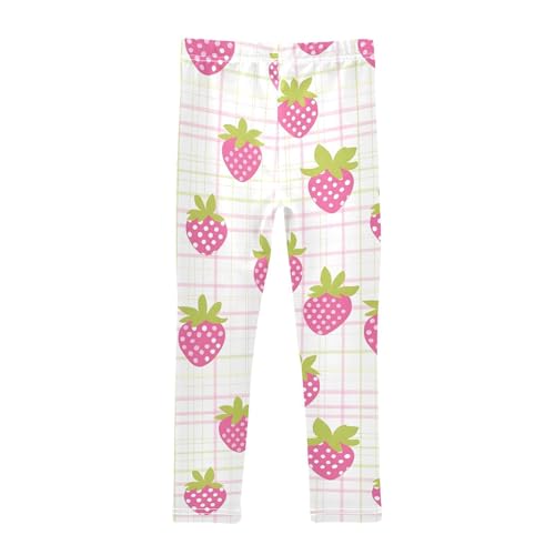 Pink Gingham Strawberries Girls Leggings Soft Stretch Workout Yoga Dance Pants for Kids Casual Tights2