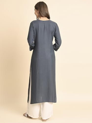 Image of VAIRAGEE Women's Embroidered Lukhnavi Chikankari Work Straight Rayon Ethnic Kurta | Casual Office Kurta for Women