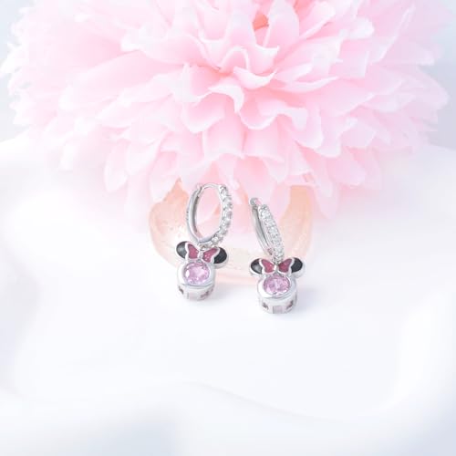 Sterling Silver Pink CZ Mouse Dangle Hoop Earrings - Sparkling Mini Cute Bow Earrings - Minnie Animal Princess Huggie Jewelry Gifts for Women or Daughter Birthday3