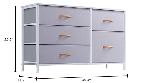 Nicehill Dresser for Bedroom with 5 Drawers, Storage Drawer Organizer, Wide Chest of Drawers for Closet, Clothes, Kids, Nursery, TV Stand with Storage Drawers, Wood Board, Fabric Drawers