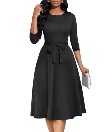 Image of Casual Dresses for Women Midi Church A-Line Fit and Flare Dress Crewneck 3 /4 Sleeve Party Dress