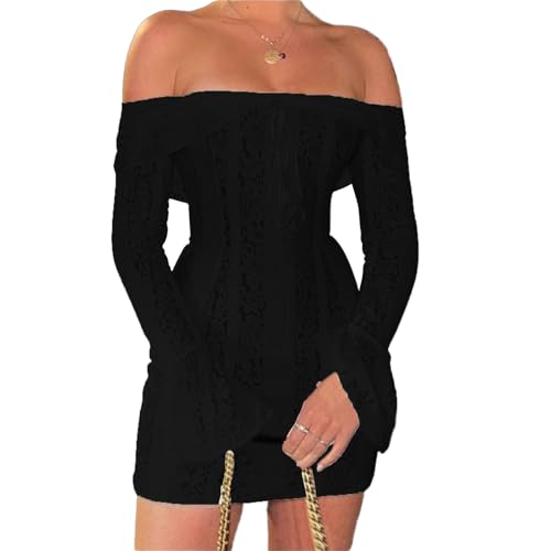 Schulterfreies Spitzenkleid für Damen, Blumenmuster, Schleife, gerüscht, U-Boot-Ausschnitt, lange Ärmel, Schwarz , S