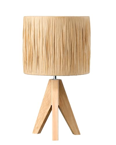 EDISHINE Small Rattan Table Lamp, Rustic Wood Tripod Bedside Lamp, Wrinkled Paper Lampshade, Boho Desk Lamp for Living Room, Bedroom, Office, LED Bulb Included, E27 Base