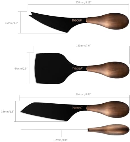 hecef 3-Piece Cheese Knife Set, Bronze Grain Multipurpose Cheese Knives for Hard, Soft & Semi-Soft Cheese, Includes Pronged, Chisel & Hard Cheese Knife, Black Coating Blade