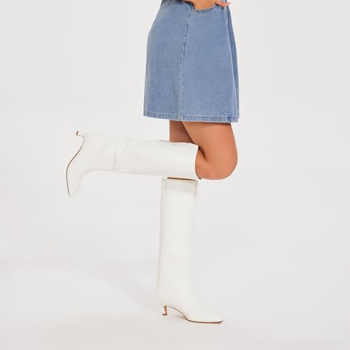 Image of Knee High White Boots for Women Kitten Low Heel Square Toe Tall Long High Boots Size 7