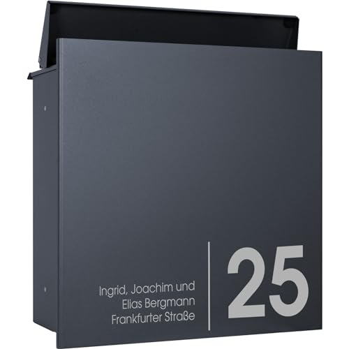 MOCAVI ZBox 111 Zaunbriefkasten anthrazit-grau personalisiert mit Name und Hausnummer Durchwurf-Briefkasten Zaunmontage Entnahme hinten Designer-Postkasten NF72A individuelle Beschriftung