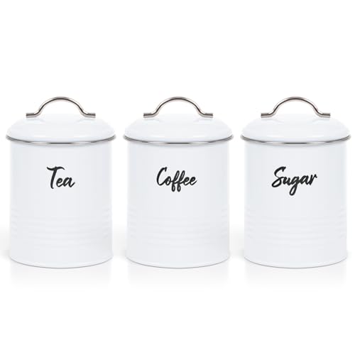EHC Tea, Coffee, Sugar, Canister Set, Set of 3 Airtight Food Storage Easy to Open Storage Canisters Jars Tin, White - Cosy Home Interiors EHC Tea, Coffee, Sugar, Canister Set, Set of 3 Airtight Food Storage Easy to Open Storage Canisters Jars Tin, White