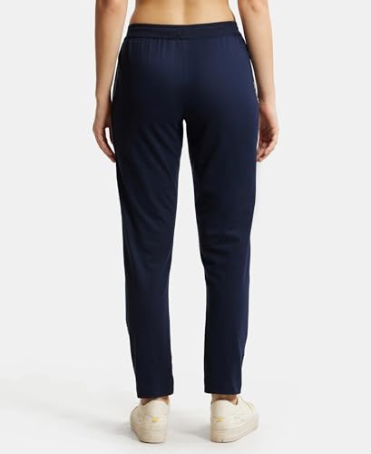Image of Jockey 1305 Women's Super Combed Cotton Rich Relaxed Fit Mid Rise Trackpants with Contrast Side Piping and Pockets