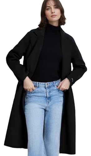 2025 Women'S Double Sided Wool Blended Pea Coat - Notch Lapel Double Breasted Overcoat Long Trench Lady Jacket Spring/Autumn/Winter Womens Dress Coat (US, Alpha, X-Large, Regular, Regular, Black)