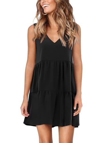 Amoretu Women's V-Neck Casual Sleeveless Tunic Dress for Summer Black M
