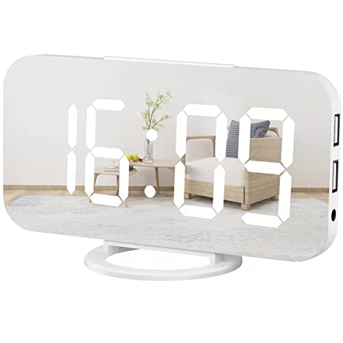 WulaWindy Digital Alarm Clock, Large Mirrored LED Display, with USB Charger, Snooze Function Dim Mode Wall Hanging Beside Desk Clock for Bedroom (White)