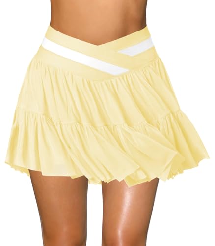 Women's Pleated Flowy Ruffle Tennis Skirt Skort for Women Crossover High Waisted Mini Golf Athletic Skirt with Shorts