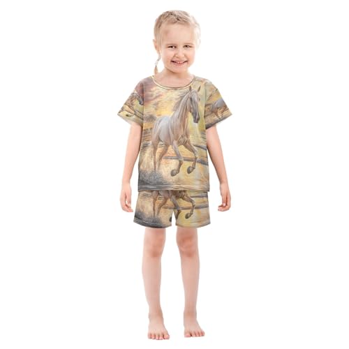ALAZA Running Horse Ocean Beach Pajamas Set Short Sleeve Cotton Sleepwear Summer Pjs 2 Piece 5-14Y3