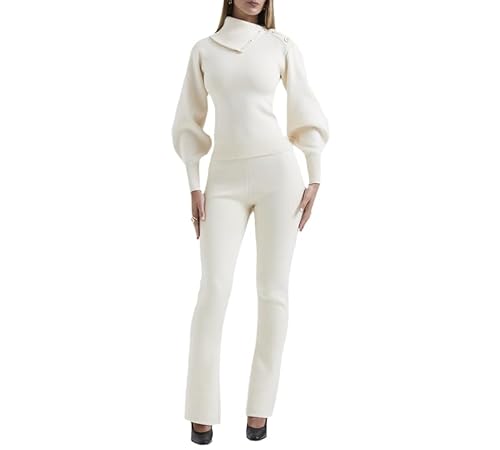 THLAI 2 Piece Outfits for Women Knit Puff Sleeve Button