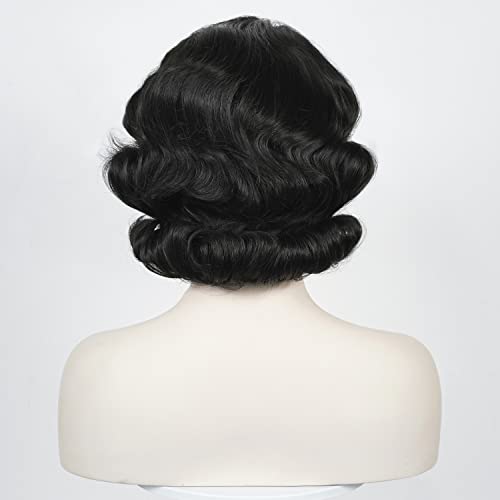 Finger Wave Wig Women Black 1920S Vintage Flapper Wig Lady Rockabilly Short Curly Wig Halloween Party Cosplay Costume Synthetic Hair + Wig Cap #TOP5