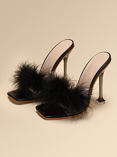 Women White Feather Clear PVC Slippers Square Toe Stilettos Slides Transparent Crystal High Heels Sandals Mules Party Shoes Glass Heels4