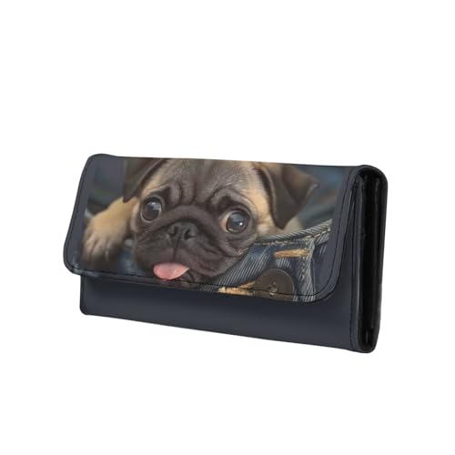 Jeans Pocket Pug Zipper Coin Purse Card Cases Holder for Women, Novelty Puppy Dog Slim Long Wallet Extra Capacity Card Holder, With ID Window