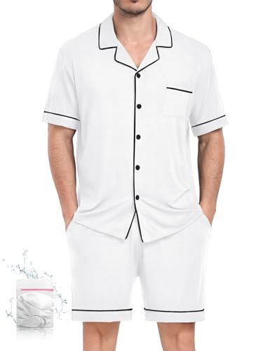 Image of Mens Pajamas Set Short Sleeve Sleepwear Button Down Loungewear Set Soft Modal 2Pcs Pj Set with Pockets S-3XL