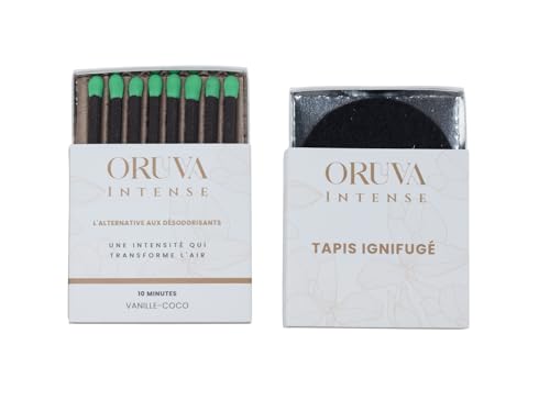 ORUVA Intense – Bâtonnets d'encens allumettes Vanille Coco | Alternative Naturelle aux Sprays désodorisants WC | 8 bâtonnets + Tapis ignifugé | Durée 10...