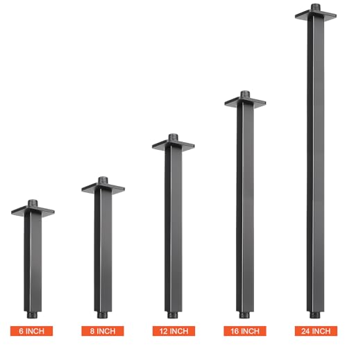 Image of Ceiling Mounted Shower Arm, Rain Shower Square Extension Arm with Flange and Teflon Tape Stainless Steel Ceiling Mount Shower Extender (24 Inch, Matte Black)