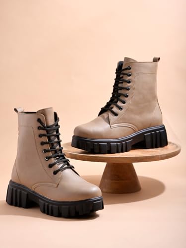 Image of Shoetopia Women's Combat Boots - Chunky Platform Lace-Up || Ankle Boots with Lug Sole Leather Fashion Boots for Fall & Winter