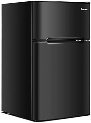 COSTWAY Compact Refrigerator, 3.2 cu ft. Unit 2-Door Mini Freezer Cooler Fridge with Reversible Door, Removable Glass Shelves, Mechanical Control, Recessed Handle for Dorm, Office, Apartment (Black)