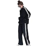 [D.IIZOO] 春秋 2点セットアップ ジャージ レディース 韓国風 上下セット スウェット パーカー スエット アクティブウェア カジュアル スポーツ 部屋着 ゆったり 大きいサイズ NTZ011 (ブラック, L)