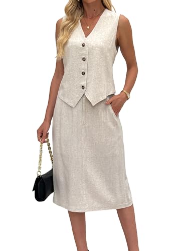 Women's 2 Piece Outfits Linen Vest Waistcoat Dressy Casual Skirt Sets Suit Summer Vacation Clothes