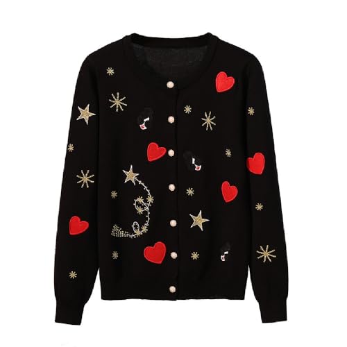 Quenny Peach Heart Sweater Women's Embroidered Cardigan Christmas Round Neck Coat Knitted Shirt Holiday Party Warm Elastic