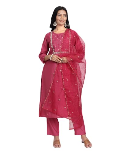 Image of Kaari Women's Hand Embroidered Kurta Set with Dupatta - Straight Fit | Silk Blend Fabric with Dabka Work | Sequin Work Organza Dupatta | Straight Pant with Side Pocket | Kurta Set For Women