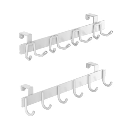 2 Pack Over The Cabinet Door Hooks - for Doors up to 7/8''(2.2cm) Thickness, Back of Cabinet Door Hanger, Metal Matte White Organizer Rack for Hanging Coats, Hats, Bathroom Towels, Kitchen Utensils