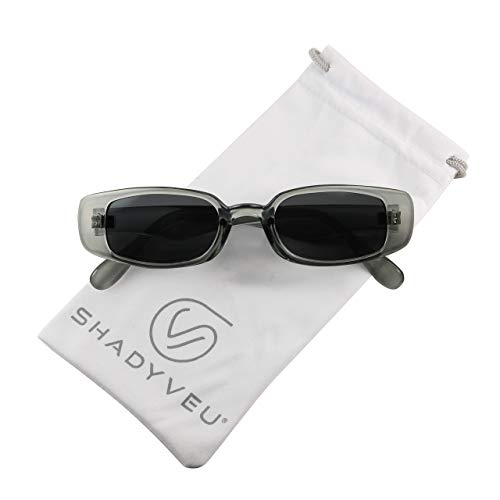 ShadyVEU Slim Classic Rectangular Sunglasses UV Protection 90’s Vintage Small Wide Retro Frame Fashion Shades (Grey Frame, Black Lens)