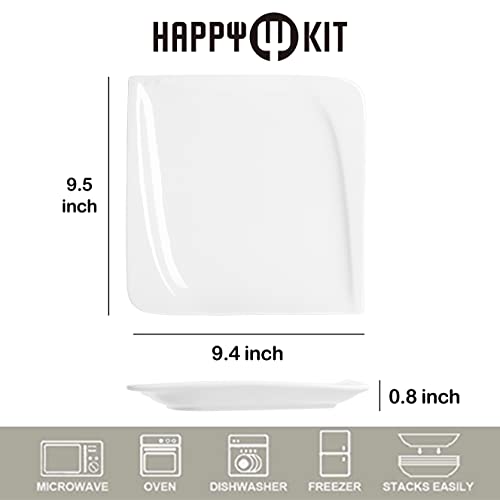 Happy Kit 9.5 Inch White Porcelain Dinner Plates Set Of 6 - Large Square Serving Plates, Kitchen Ceramic Dish For Appetizer Steak Salad Dessert Dinnerware Set #TOP1