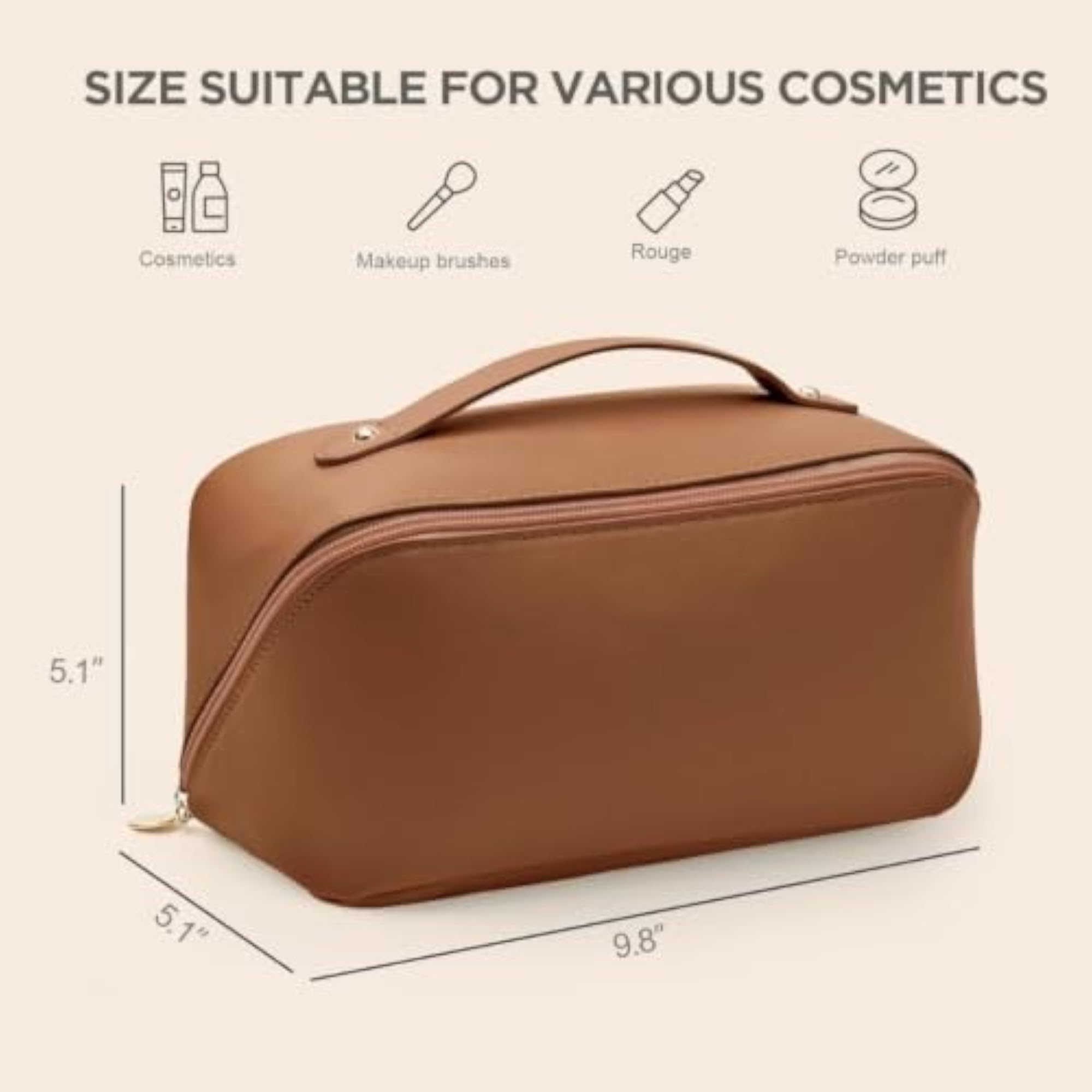 Large Capacity Travel Cosmetic Bag, Brown PU Leather Makeup Pouch