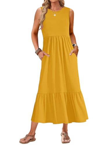 AUSELILY Maxi Dresses for Women 2026 Sleeveless Crew Neck A-Line Boho Dress with Pockets, Mustard Yellow S