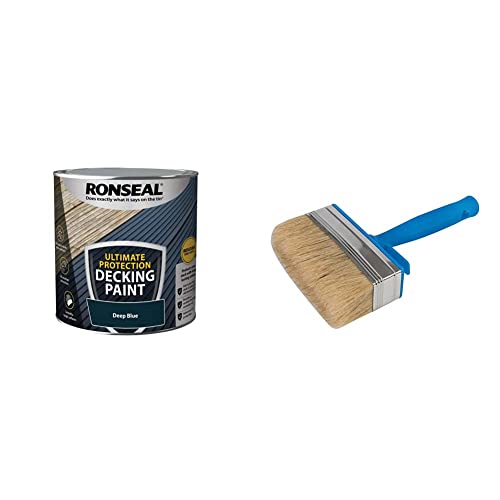 RONSEAL ULTIMATE DECKING PAINT DEEP BLUE 2.5L & Silverline 394974 Block Brush, Blue, Silver, Beige, 115 mm / 4-1/2