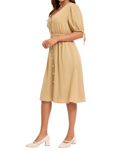 Image of Women Linen Rayon Blend Midi V Neck Button Front Elastic Waist Puff Sleeve Tie Casual Summer Dress